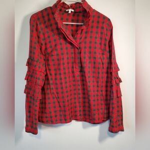 Crown And Ivy Red And Green Checkered Women's Top With Metallic Shimmer